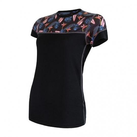 SENSOR MERINO IMPRESS dámské triko kr.rukáv černá/floral Velikost:
