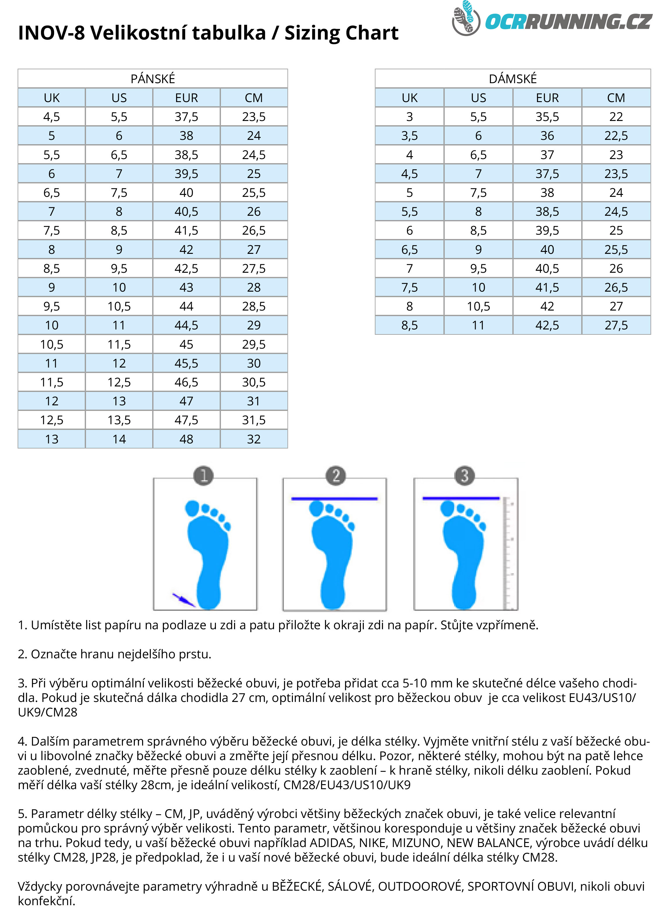 VELIKOSTNÍ TABULKA OBUVI INOV-8