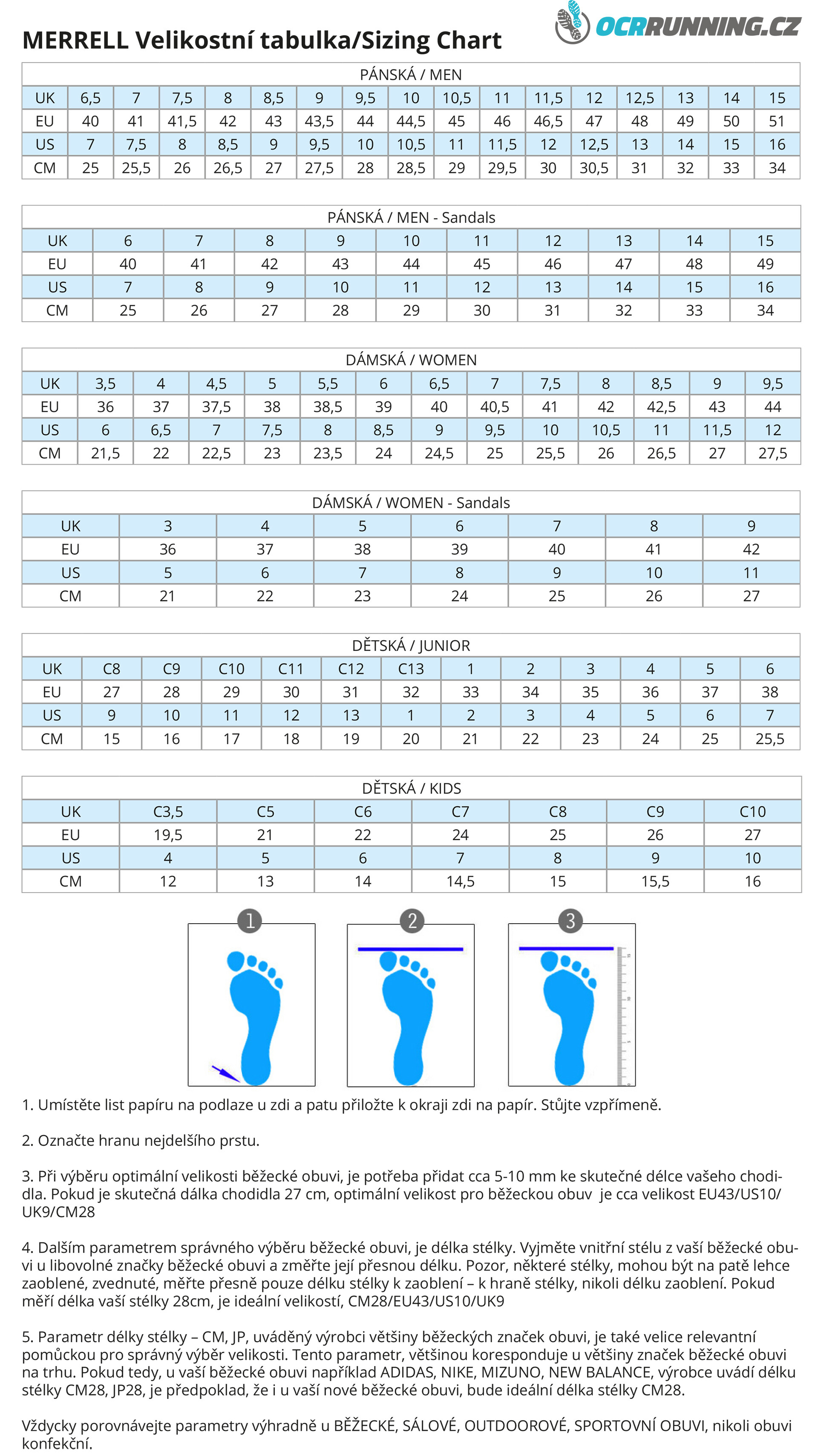 VELIKOSTNÍ TABULKA OBUVI MERRELL