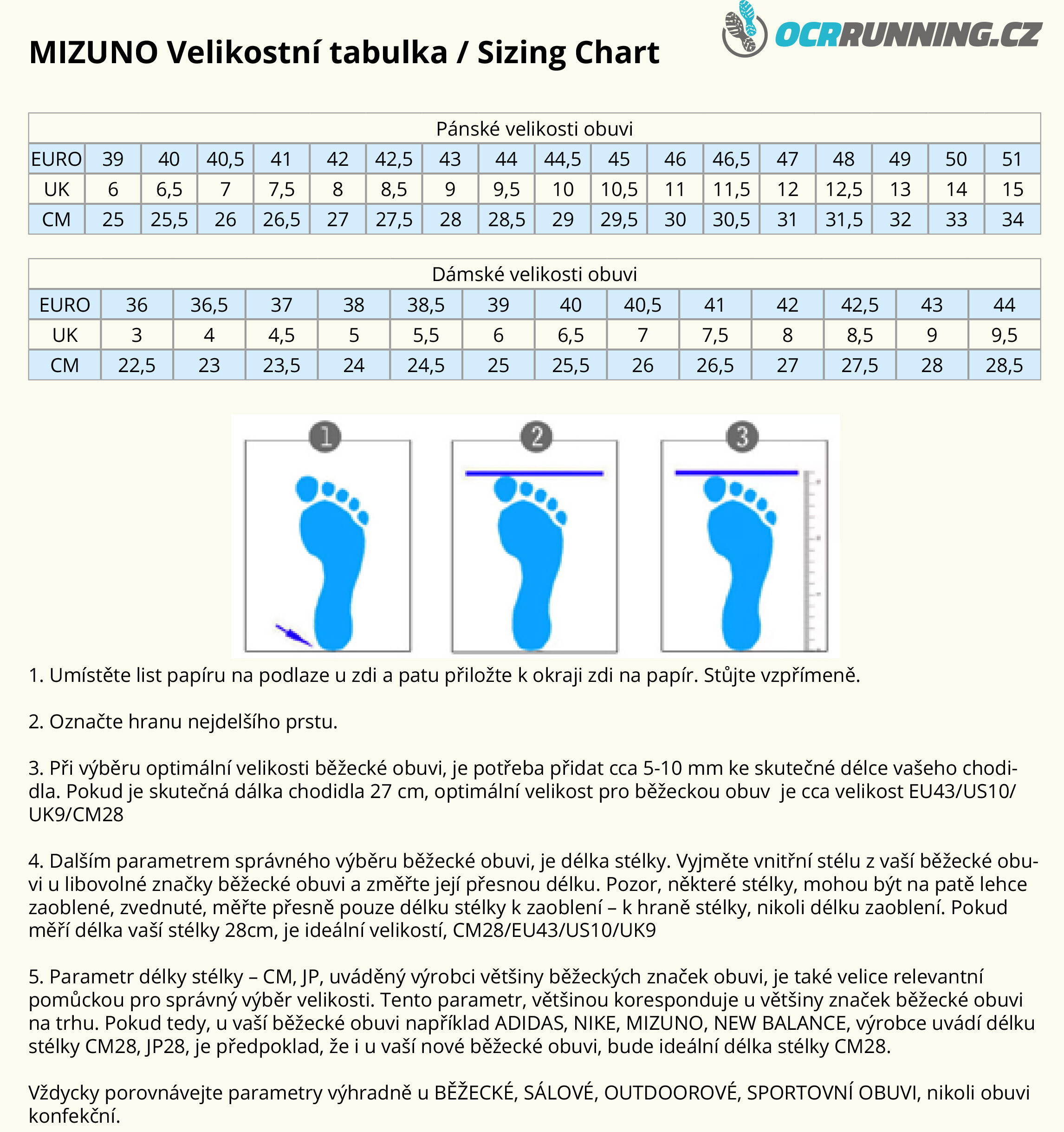 VELIKOSTNÍ TABULKA OBUVI MIZUNO