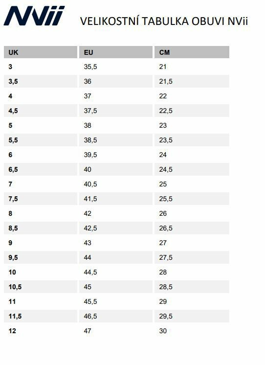 VELIKOSTNÍ TABULKA OBUVI NVii