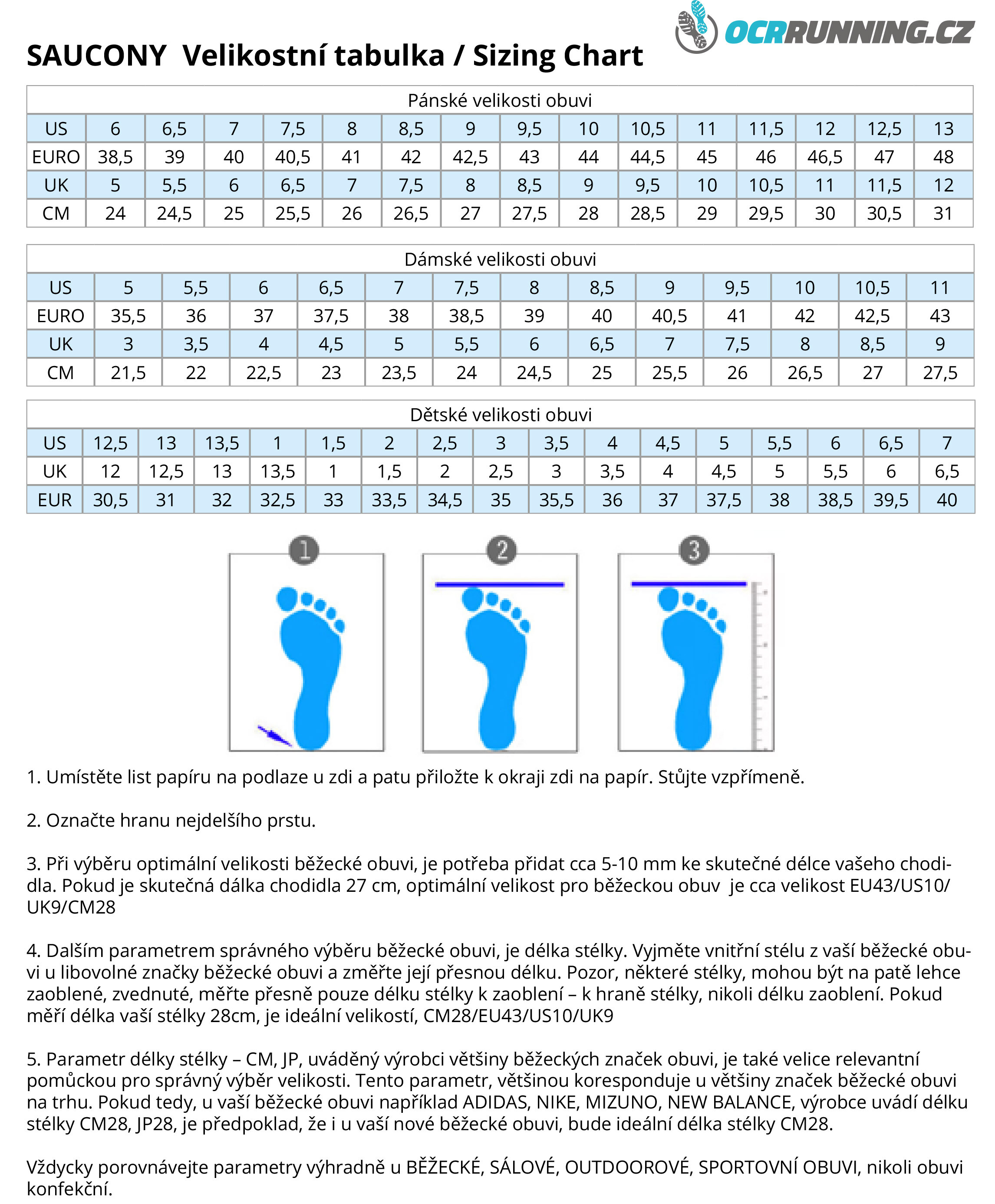 VELIKOSTNÍ TABULKA OBUVI SAUCONY